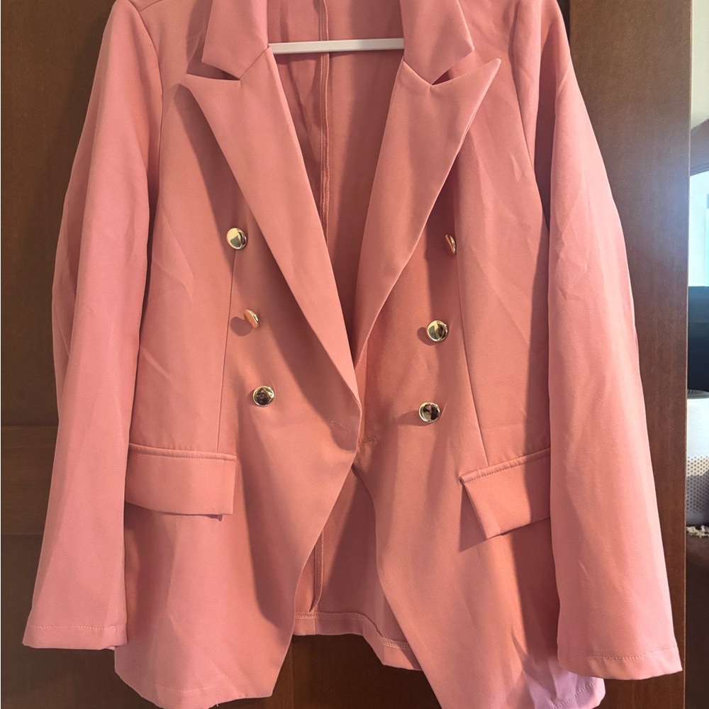 SHEIN Pink Double-Breasted Blazer with Gold Buttons
